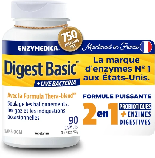 , Digest Basic + Live Bacteria, Formule Enzymatique, Réduit Les Gaz Et Les Ballonnements, Améliore L'Absorption Des Nutriments Et L'Énergie, Sans Gluten, Sans Produits Laitiers, 90 Capsules